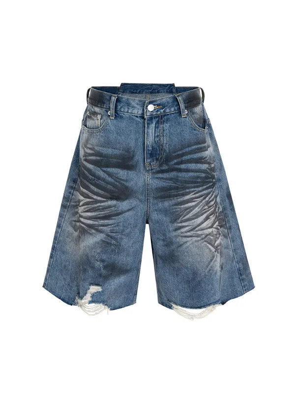 Tie-Dye Distressed Denim Shorts sold by Thesupermade