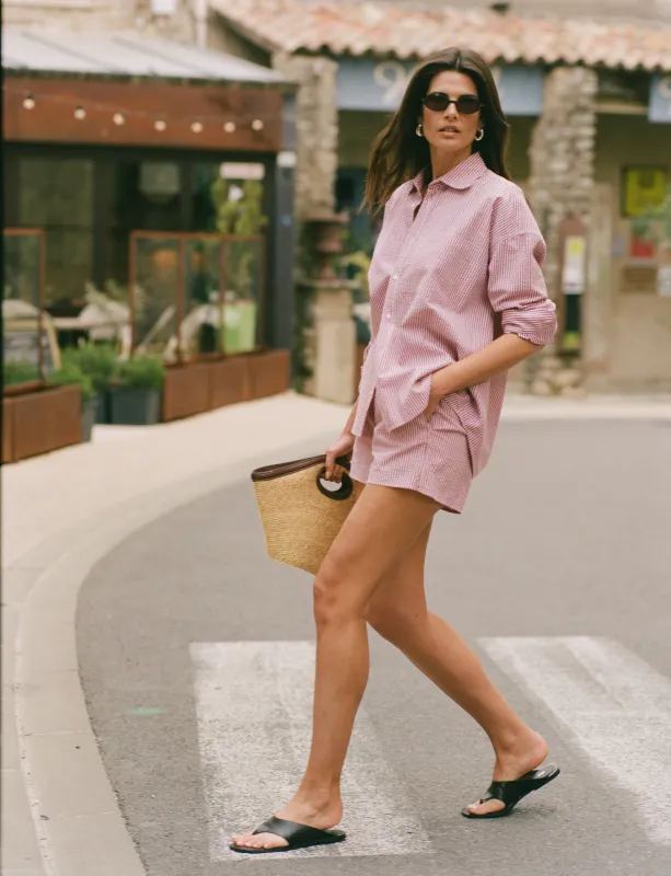 The Weekend: Seersucker Shirt & Boxer Set, Pink & Berry Stripe sold by With Nothing Underneath