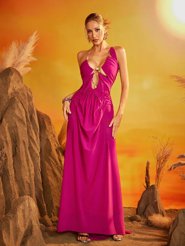 Daiki Halterneck Ruched Maxi Dress In Hot Pink sold by Mew Mews