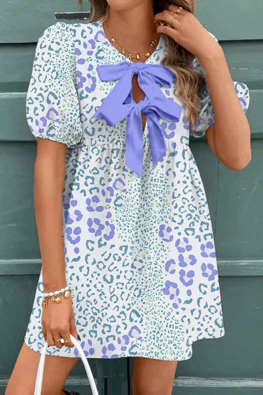 Blue Leopard Contrast Bow Puff Sleeve Mini Dress sold by Beagle Boutique