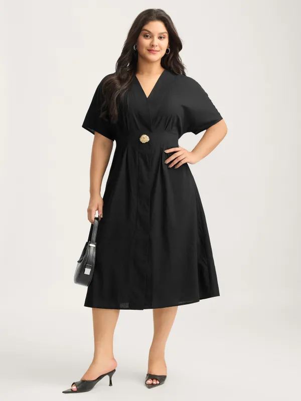 Deep V-Neck Decorative Button Midi Dress sold by Bloomchic