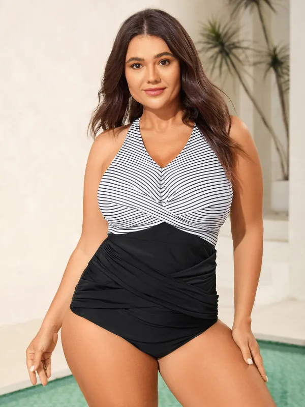 Stripe Color Block Ruched One-Piece Swimsuit sold by Bloomchic