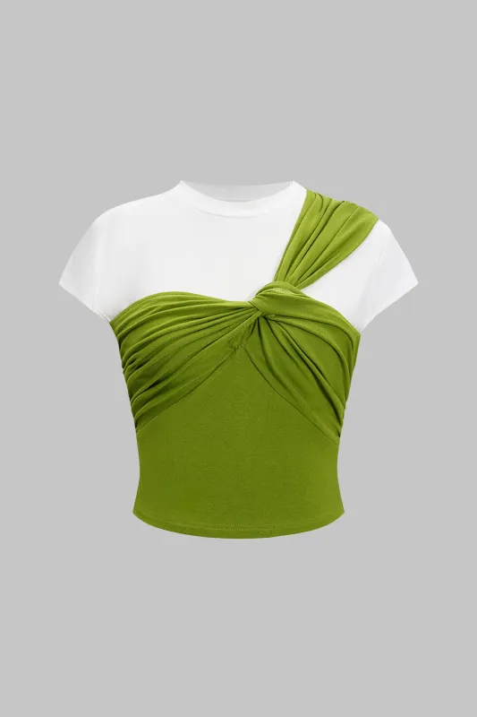 Asymmetrisk patchwork twist knude kortærmet t-shirt sold by Micas