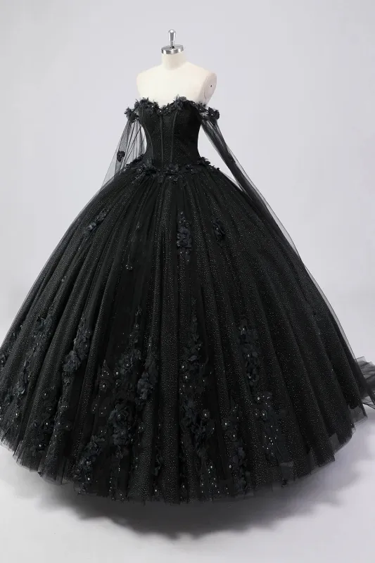 Ball Gown Off the Shoulder Black Tulle Quinceanera Dress with 3D Flowers sold by My Chic Dress