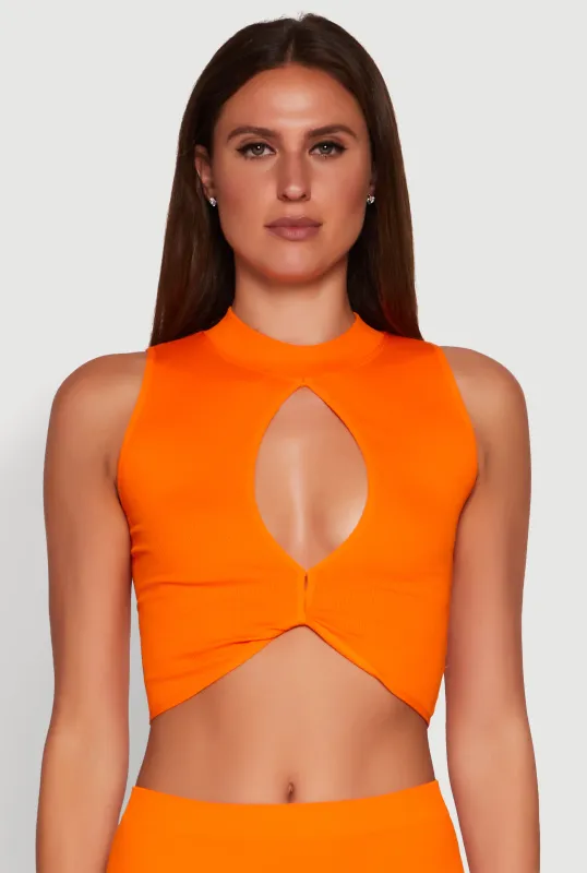 Chic Rib Knit Mock Neck Twist Front Crop Top sold by Rainbow
