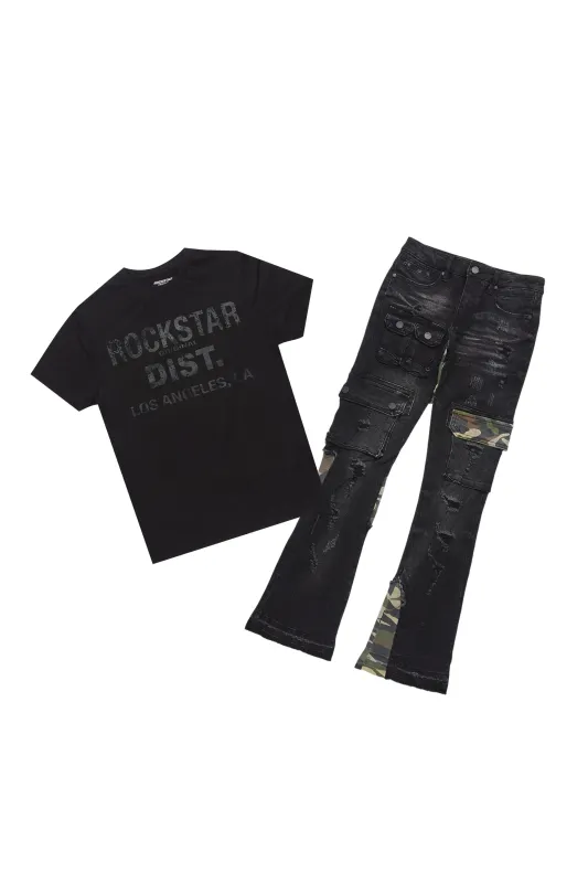 Boys Koen Black/Green T-Shirt/Stacked Flare Jean Set sold by Rockstar Original
