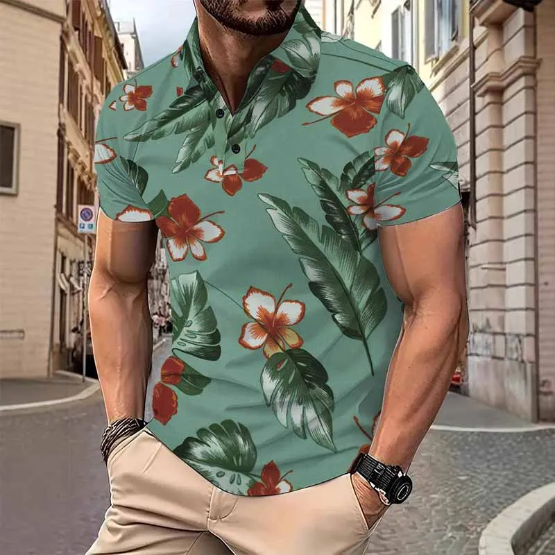 Fashion Summer Plant Print Short Sleeve Polo Shirt sold by GTHIC