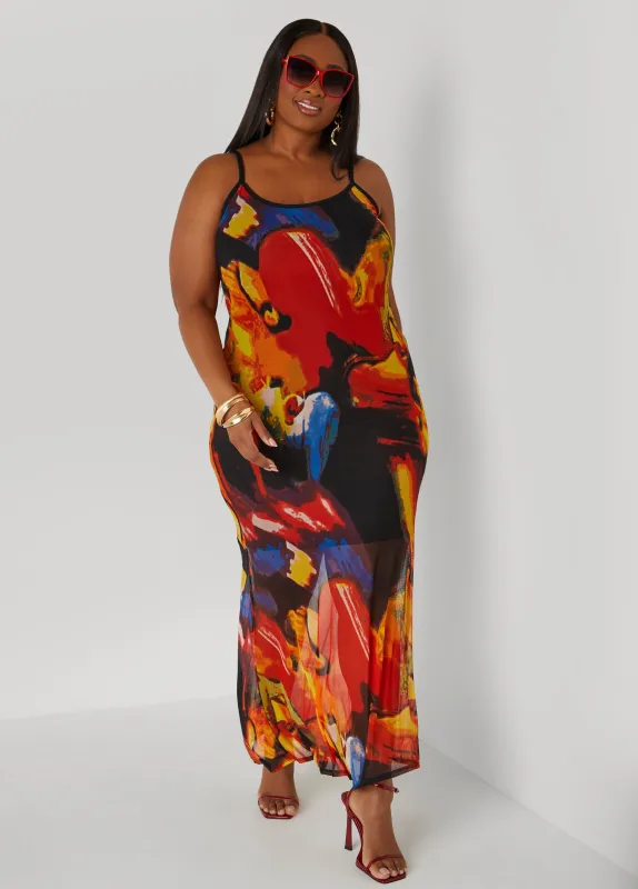 Watercolor Print Mesh Maxi Dress sold by Ashley Stewart
