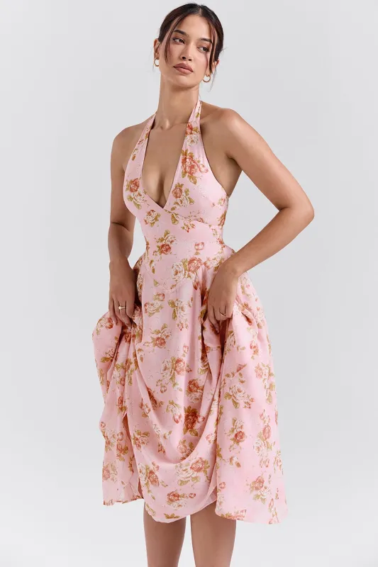Pink – Romantic Floral Halter Vacation Dress sold by Viva Estel