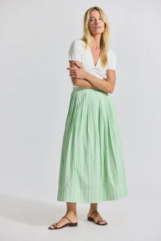 Alexia Pintuck Stripe Shirting Pleated Maxi Skirt - Kelly Green-White sold by Derek Lam