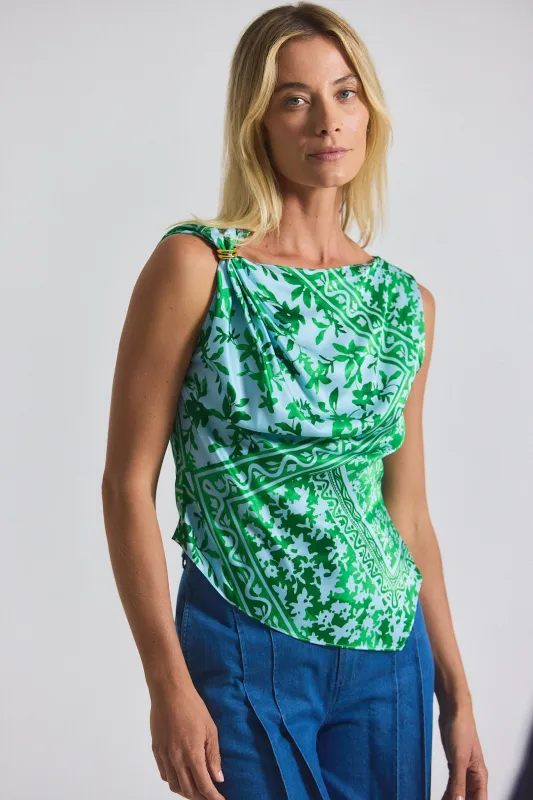 Ariel Tile Print Asymmetric Top With Embellishment - Kelly Green Multi sold by Derek Lam