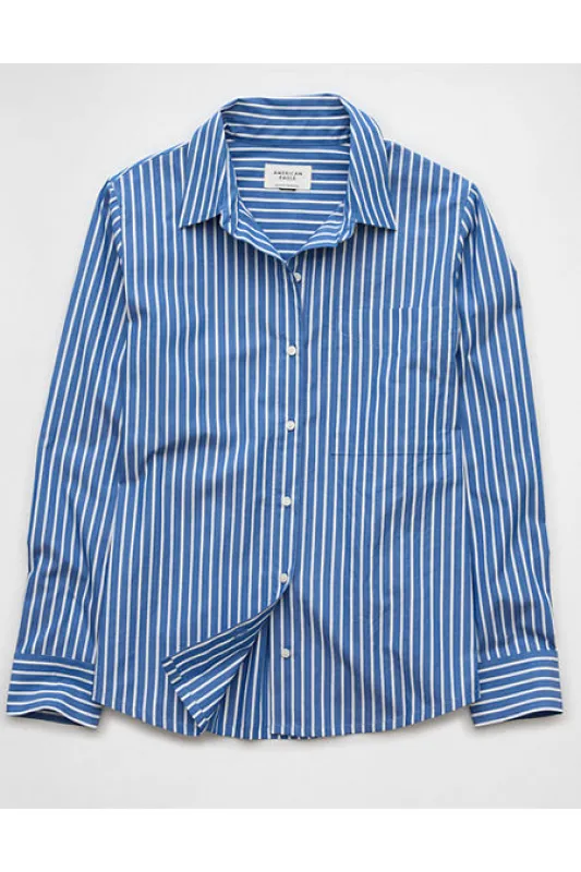 AE Long-Sleeve Button-Up Shirt Women's Blue XXS sold by American Eagle
