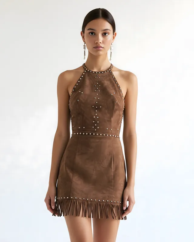 Studded Suede Fringe Dress – Brown sold by JW PEI