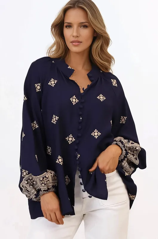 Alexi Blouse - Mandarin Collar Embroidered Button-Down Shirt in Selena Print Navy sold by Salty Crush
