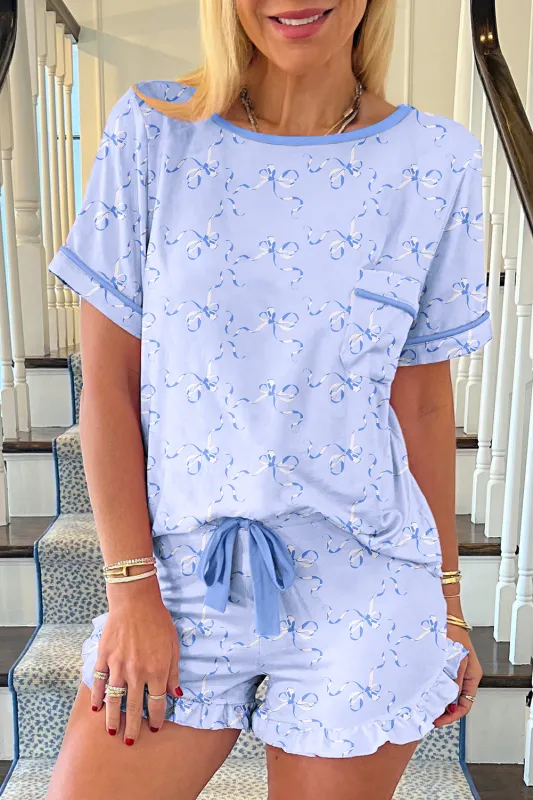 Sky Blue Bow Print Ruffled Short Pyjamas sold by Beagle Boutique