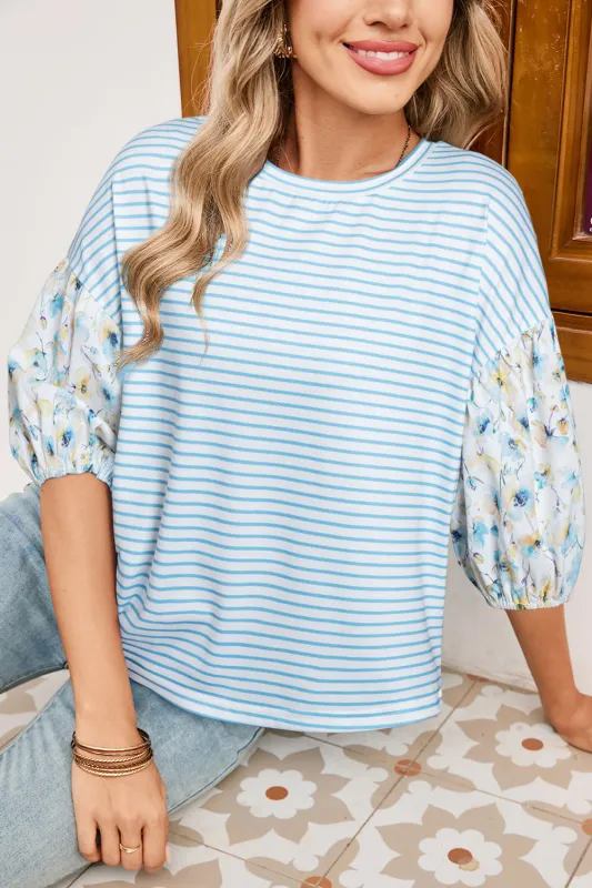 Sky Blue Stripe 3/4 Floral Puff Sleeve Patchwork Drop Shoulder Top sold by Beagle Boutique