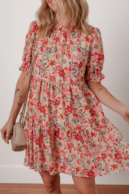 Multicolour Floral Print Frilled Neck Puff Sleeve High Waist Dress sold by Beagle Boutique