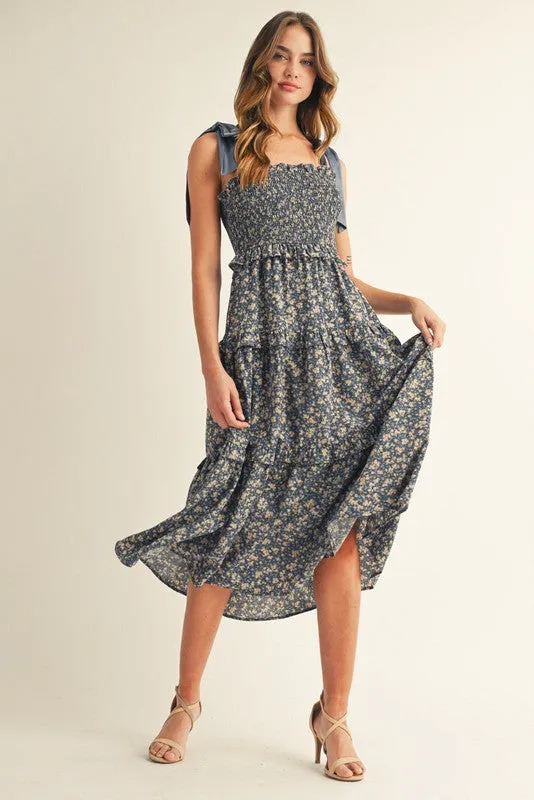 Navy Tie Shoulder Detail Floral Midi Dress sold by Pinkblush