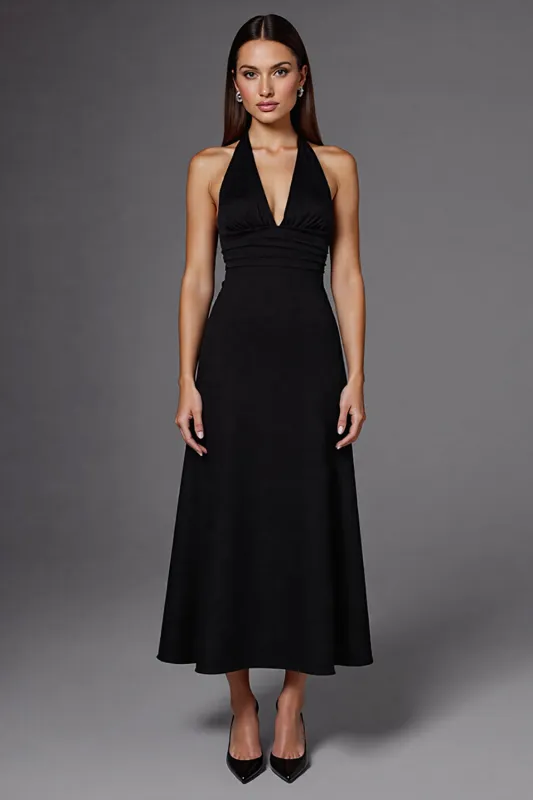 A Line Halter Sleeveless Black Long Formal Dress sold by Zapaka