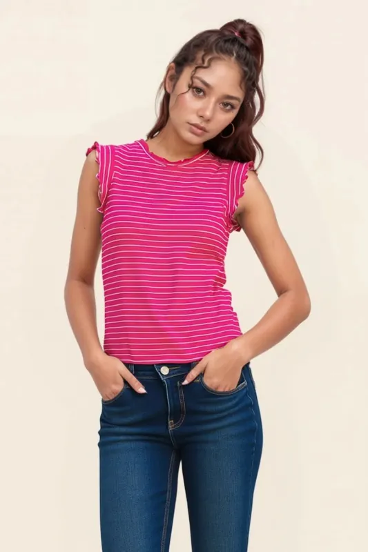 Zenana Ribbed Ruffle Trim Sleeveless Stripe Top sold by Charming Charlie