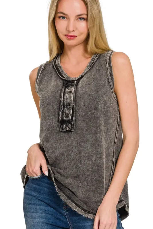 Zenana Washed Half-Button Raw Edge Sleeveless Henley Top sold by Charming Charlie