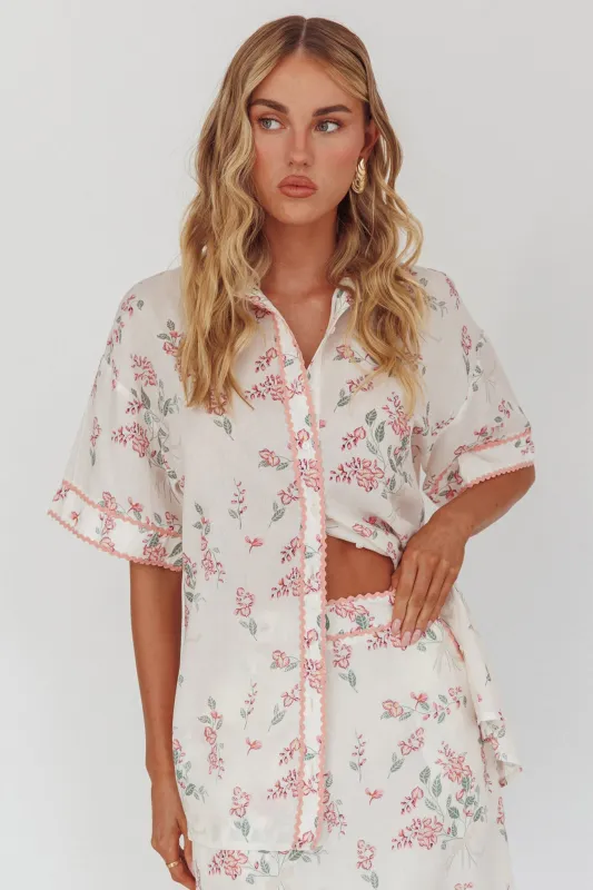 Catherina Ric-Rac Trim Button-Up Shirt Floral Pink sold by Selfie Leslie