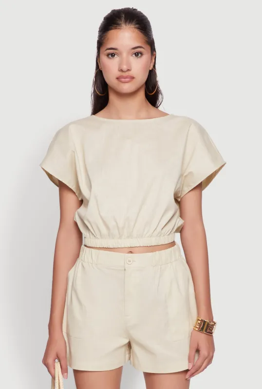 Chic Button Back Keyhole Cropped Blouse sold by Rainbow