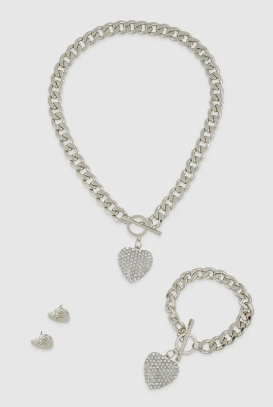 Heart Pendant Toggle Closure Necklace and Bracelet with Stud Earrings sold by Rainbow
