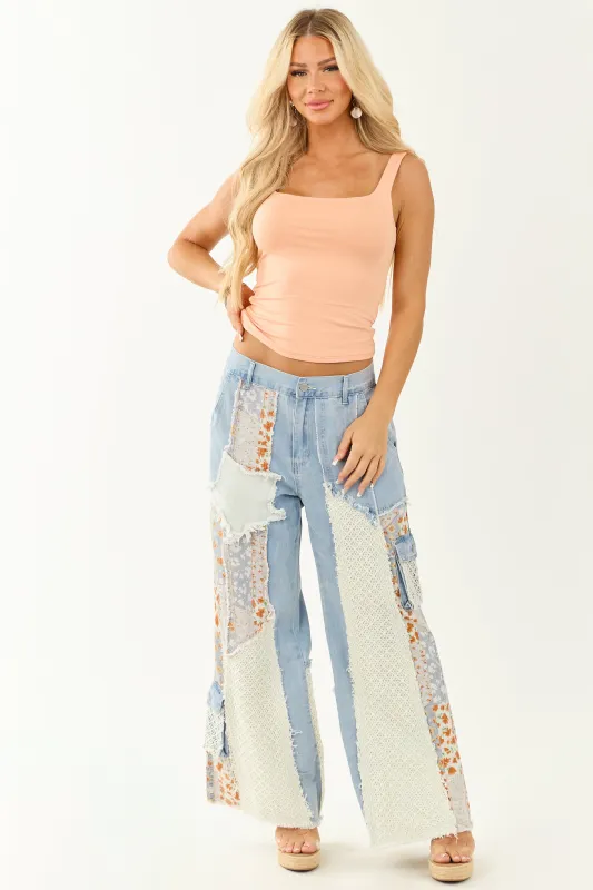 POL Medium Wash Patchwork Wide Leg Cargo Pants sold by Lime Lush