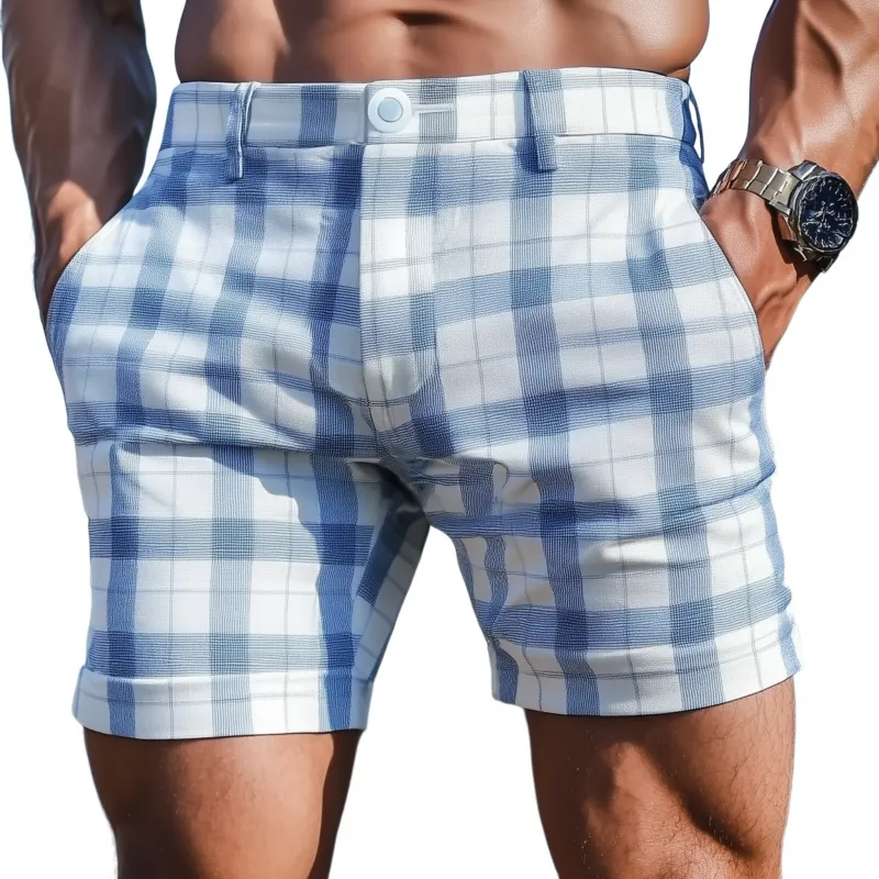 Men's Casual Breathable Blue Plaid Cotton Slim Fit Suit Shorts MTA0985F2M sold by Manly