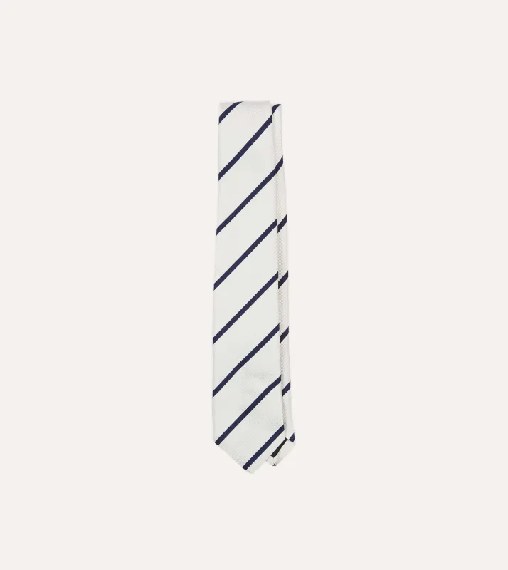 White and Navy Bar Stripe Repp Silk Tipped Tie sold by Drake's London
