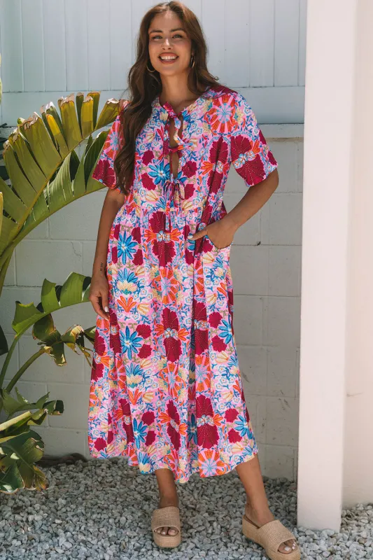 Rose Floral Tie-up Front Short Sleeve Loose Long Dress sold by Beagle Boutique
