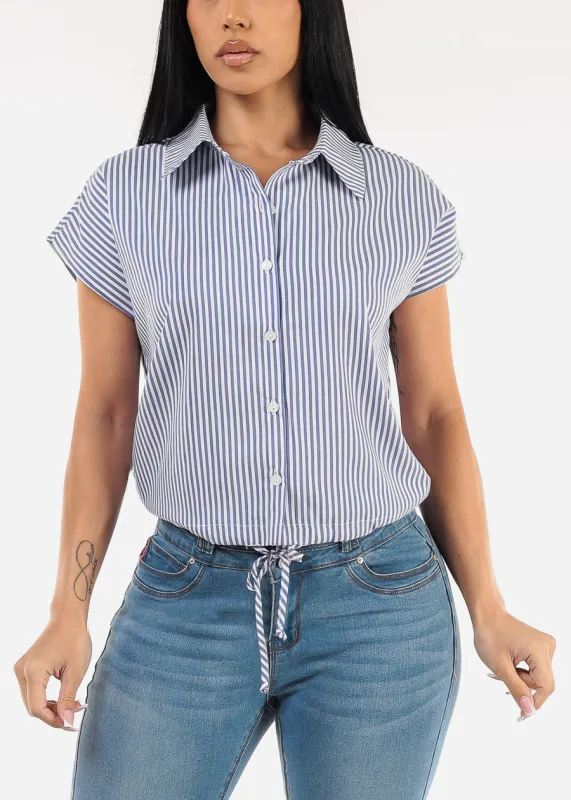Short Sleeve Stripe Button Up Blouse Navy sold by Moda