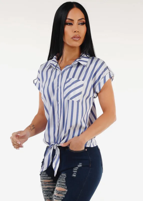 Short Sleeve Button Up Tie Front Stripe Blouse Navy sold by Moda