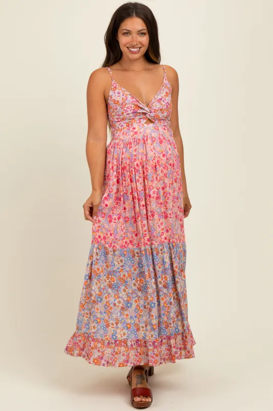 Pink Floral Twist Front Cut Out Tiered Maternity Maxi Dress sold by Pinkblush