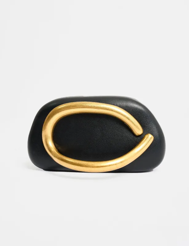 The Fern Black Gold Detail Hard Clutch Bag sold by Public Desire