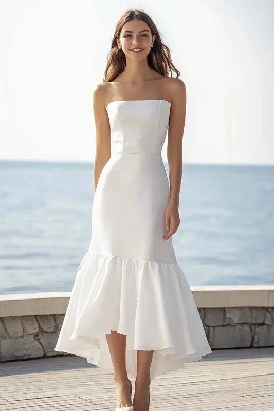 Satin Bodycon Ivory Strapless Maxi Rehearsal Dinner Dress sold by Zapaka
