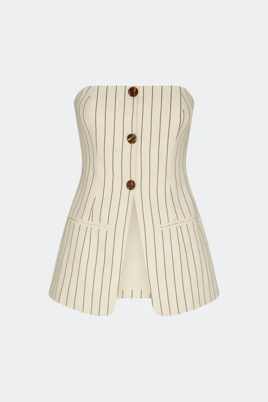 Mori Strapless Linen Top in Cream Pinstripe sold by Simon Miller