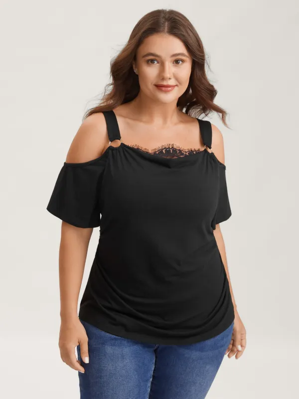 Lace Trim Cowl Neck Off-Shoulder T-Shirt sold by Bloomchic