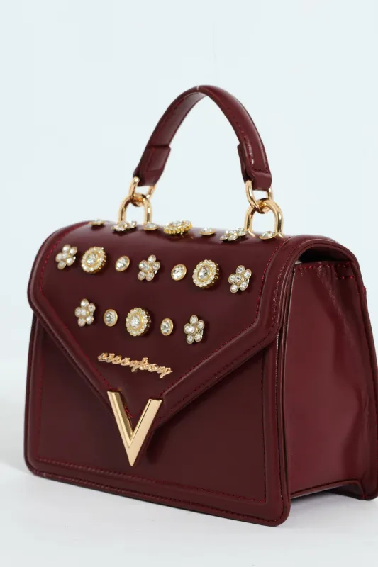 Handbag With Front Bling Detail - Burgundy sold by Edgars