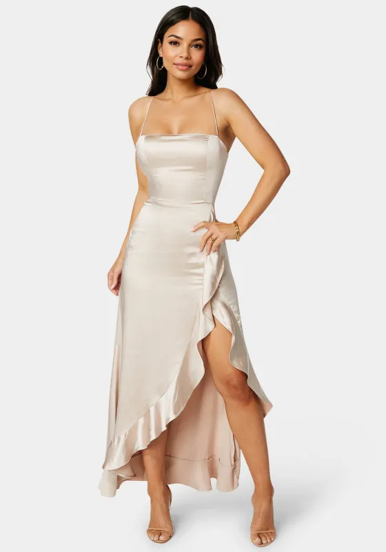 Satin Ruffle Maxi Lace Up Back sold by Bebe
