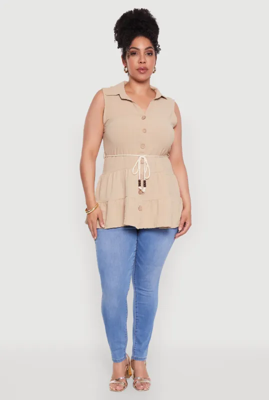 Plus Size Crepe Knit Tiered Sleeveless Blouse sold by Rainbow