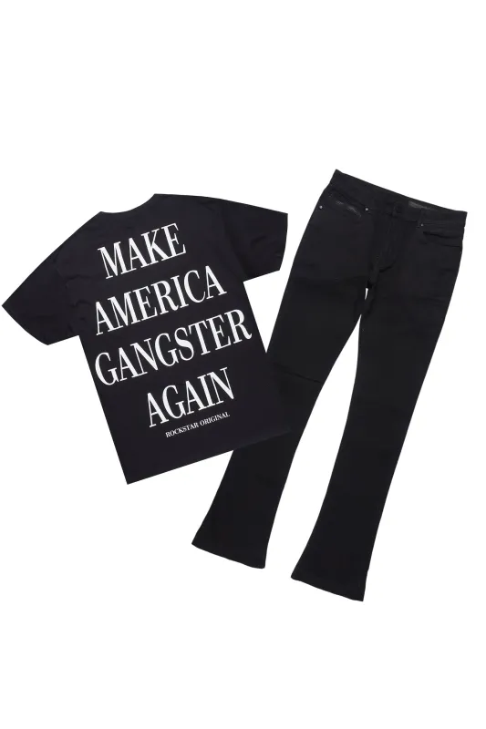 Drako Black/White Oversized Graphic T-Shirt/Dag Stacked Flare Jean Set sold by Rockstar Original