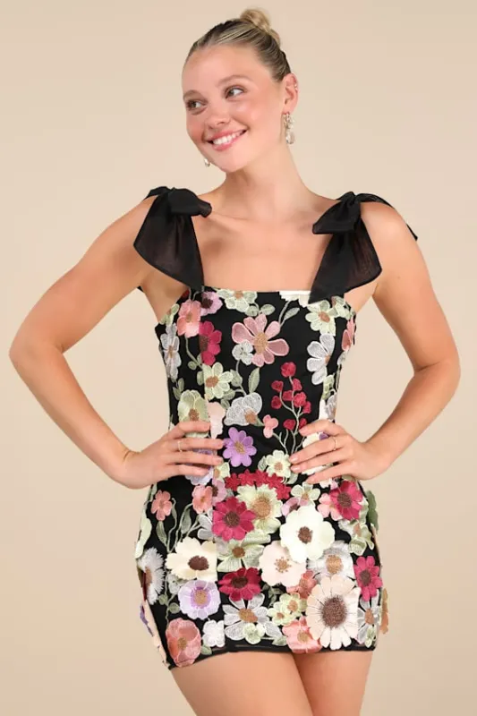 Emphatically Adorable Black Floral Tie-Strap Mini Dress sold by Lulus