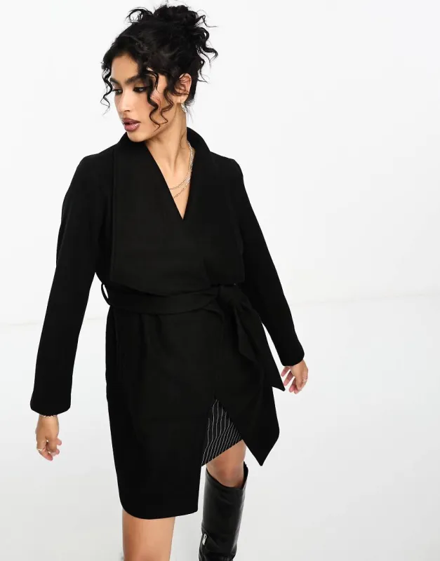 Vila waterfall belted coat in black sold by ASOS