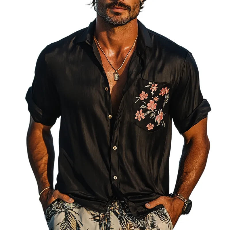 Men's Vacation Pocket Print Lapel Short Sleeve Shirt MTA1319F1X sold by Manly