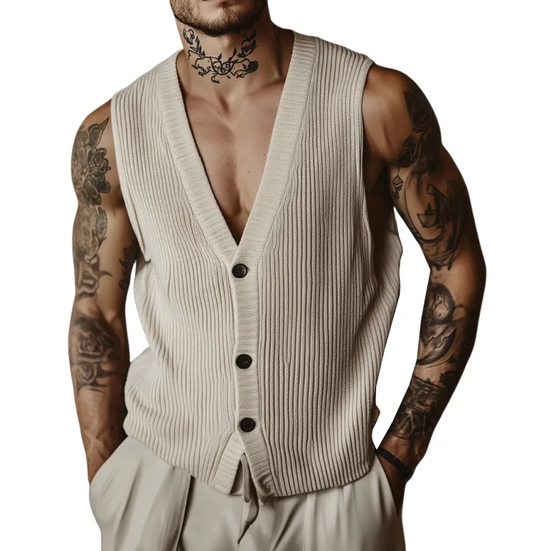 Men's Casual Breathable Cotton Blended V-Neck Single-Breasted Loose Knitted Vest MTA1103F7M sold by Manly