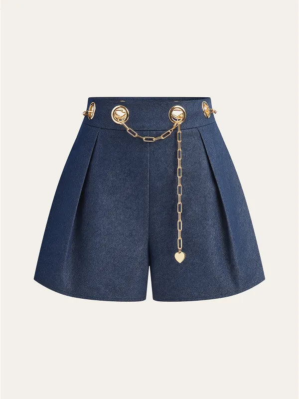 Faux Denim Shorts with Metal Chain Belt sold by COMMENSE