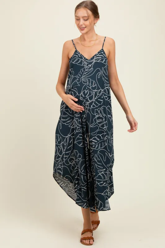 Charcoal Leaf Print Tulip Hem Maternity Jumpsuit sold by Pinkblush