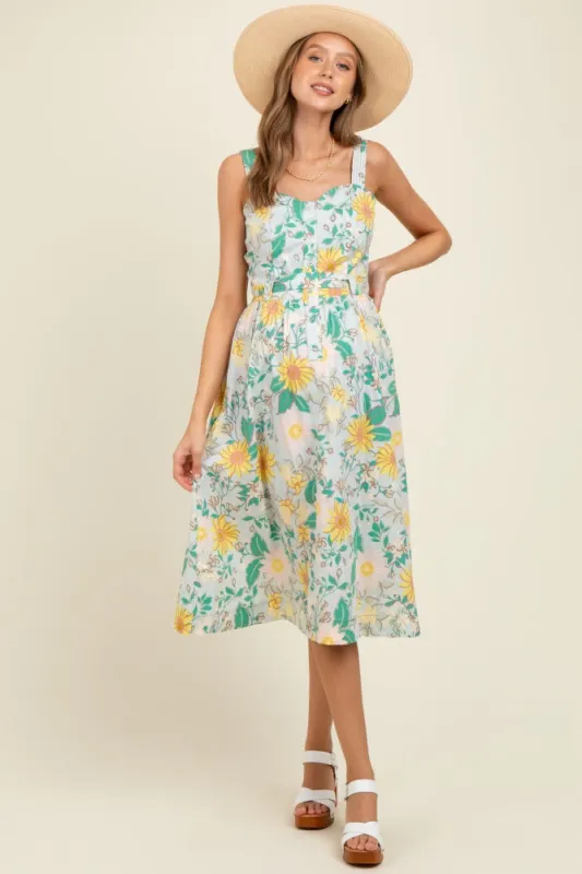 Green Floral Button Front Sash Tie Maternity Midi Dress sold by Pinkblush